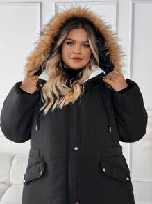 SHEIN CURVE+ Manteau matelassé à capuche, en patchwork moelleux avec poches, pour femmes en grande taille pour l'hiver