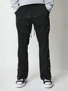 SUMWON Flare Fit Nylon Pant With Snap Button, Exposed Pockets & Drawstrings