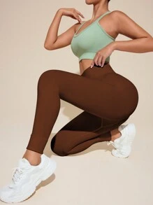 SHEIN 弹力腰部瘦身提臀运动紧身裤 - 棕色 - 查看 3