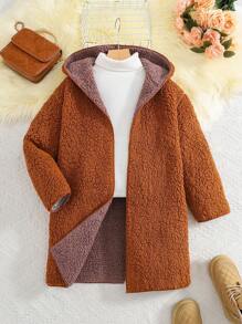 SHEIN Tween Girls' Loose Casual Plush Reversible Hooded Mid-Length Jacket - Brown - View 2