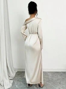 Elenzga 1 chiếc váy dài tay thanh lịch bằng vải satin cổ bất đối xứng màu trơn - Màu be - Xem 4