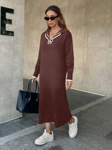 EURMUSE Gestricktes Kleid mit Polokragen für Damen - Altrosa - Übersicht 4