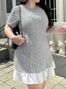 SHEIN Privé 大码优雅职业连衣裙，带精致荷叶边下摆，适合办公室、派对、约会、音乐会。春夏新款设计