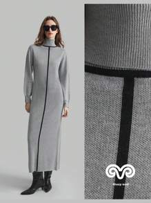 Ontre 女士 2025 春季新品撞色高领毛衣裙，日常穿着和商务休闲装，长款灯笼袖撞色边缘毛衣裙 - 駝色 - 查看 8