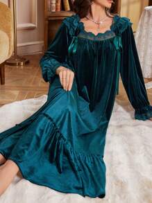 Ladies Long Sleeve Velvet Nightgown With Lace Splice, Square Neckline, Satin Ribbon And Bow Decor, For Fall Winter - Dark Green - View 4