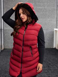 RueChic Plus Size Winter Warm Zip-Up Patchwork Hooded Padded Vest