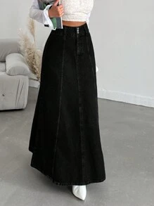 EURMUSE Casual Solid Color Long Denim Skirt, Autumn - Black - View 6