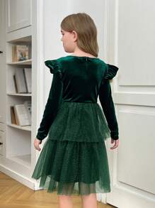 SHEIN Vestido elegante y elegante de fiesta para niñas preadolescentes, con cuello alto, panel de terciopelo con volantes y malla plateada, adecuado para fiestas de Navidad, graduación y bailes de promoción
