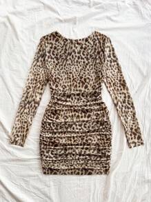 Soleia Women Leopard Knit Round Neck Long Sleeve Bodycon Mini Dress, Fitted Waist, Suitable For Holiday And Party Wear, Autumn/Winter