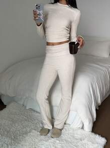 SHEIN EZwear 2 件套女士羊毛混纺紧身长袖上衣和喇叭裤，舒适冬季服装 - 杏色 - 查看 1