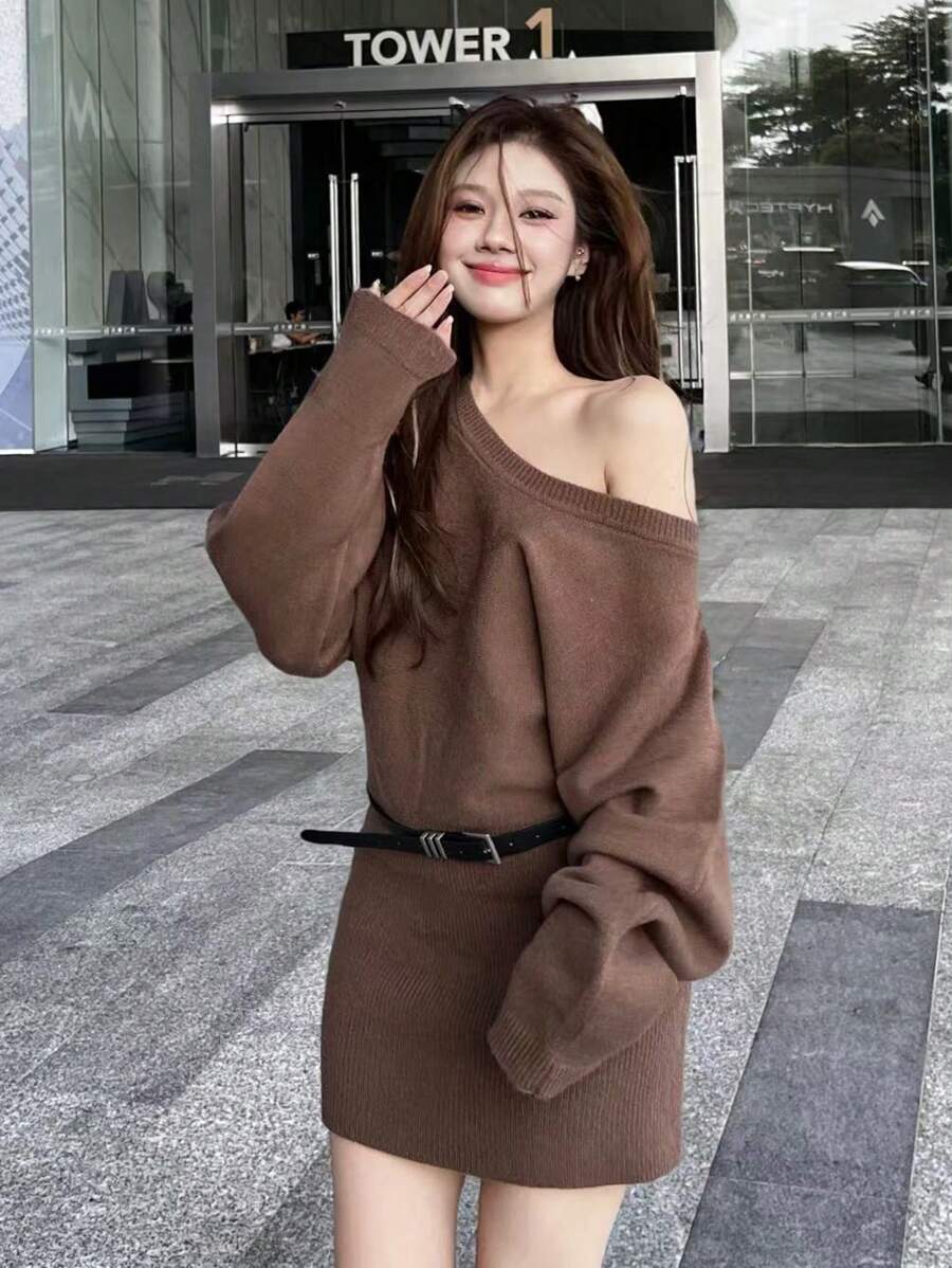 SHEIN ICON 1pc Women Solid Round Neck Batwing Long Sleeve Slim Knitted Sweater Dress, Autumn/Winter Fall Cloth For Women