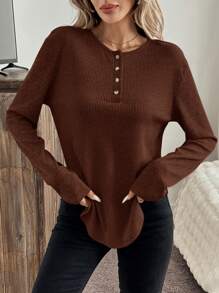 SHEIN LUNE 女款休闲简约纯色圆弧下摆T恤，秋季 - 咖啡棕 - 查看 2