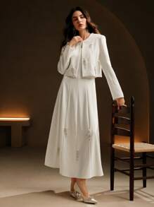 Anewsta Elegant White Sequin Decor 2 Pieces Set: Fitted Long Sleeve Blazer & Long Slip Dress, High-End Look - White - View 5