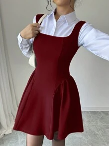 Selianne 新款女士方领无袖 A 字褶皱下摆连衣裙，高弹力纹理面料纯色，时尚年轻合身通勤休闲百搭腰部修身，优雅精致，适合春夏秋冬勃艮第色女装情人节 - 酒紅色 - 查看 4