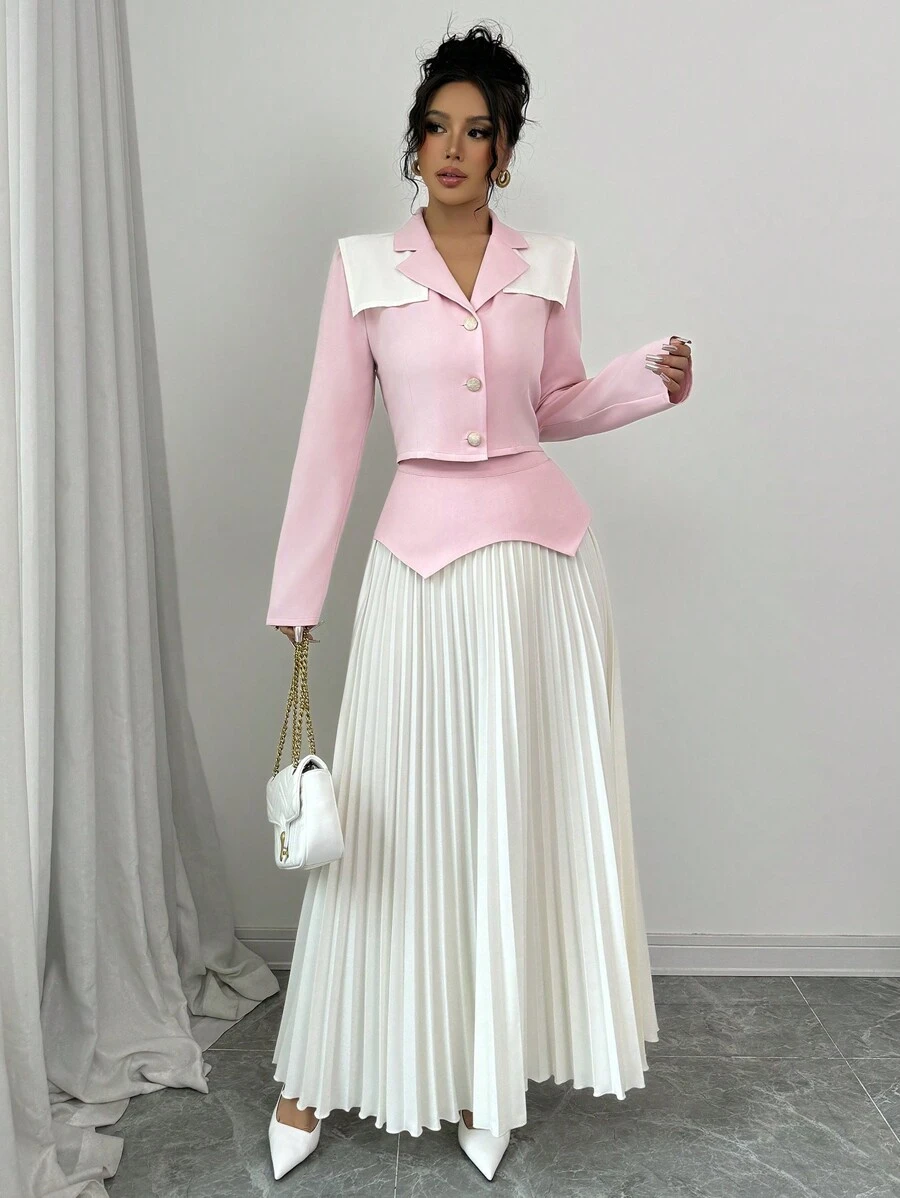 Elenzga 2pcs Women Set With Contrast Color Block Button Decor Waist Top And Solid Color Pleated Skirt - Pink - View 1