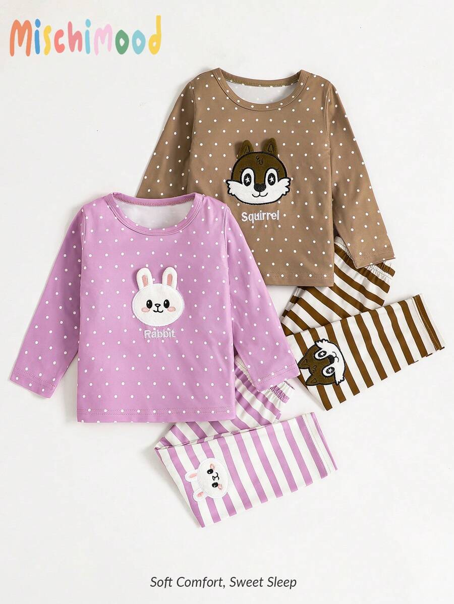 Bộ 2 bộ đồ ngủ thêu hình thỏ đơn giản cho bé gái sơ sinh, áo dài tay màu hồng và kaki và quần dài Bộ đồ mặc nhà thường ngày - Nhiều màu - Xem 1