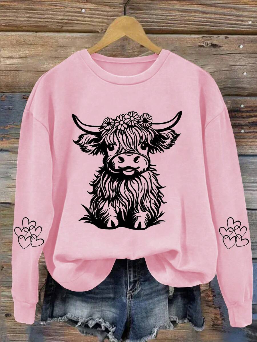 SHEIN LUNE Áo nỉ cổ tròn dài tay in họa tiết động vật tối giản cho nữ, mặc thường ngày - Hồng - Xem 1