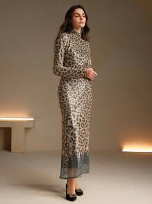 Anewsta Vestido de fiesta con cuello alto, estampado de leopardo con lentejuelas, largo, para mujer, outfit para fiestas - Marrón - Ver 4