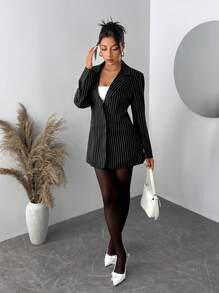 SHEIN SXY 优雅的黑白条纹西装外套，适合秋冬季派对和舞会 - 黑色 - 查看 7