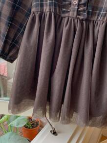 Blossori Robe cardigan en maille contrastée tressée à carreaux élégante marron pour jeunes filles - Café - Voir 3
