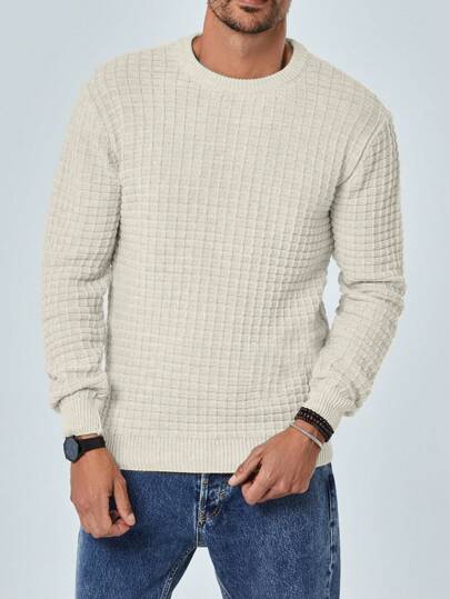 RueChic Men's Solid Color Round Neck Long Sleeve Casual Sweater, Autumn & Winter