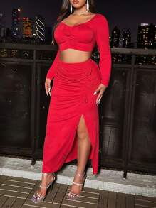 Allurite Plus Size 2pcs Set: Red Short Sleeve Backless Top & High Slit Pleated Skirt With 3D Floral Decor Fall Cloth For Women - Red - View 4