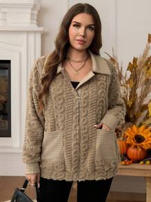 SHEIN LUNE Plus Size Podwójna kieszeń Opadające ramię Zamek błyskawiczny Flanelowa kurtka Zimowe ubrania dla kobiet Nowości Strój damski Strój świąteczny Termiczny - Kawowy brązowy - Zobacz 6