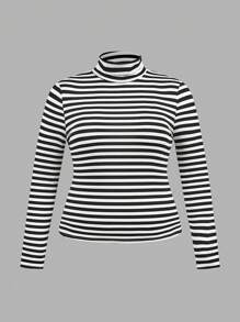 SHEIN Essnce 4pcs/Set Women Plus Size Casual Striped Turtleneck Fitted Pullover Tops, Autumn/Winter