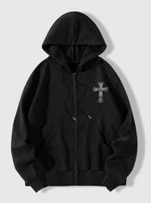 ROMWE MEN Goth Men Letter Graphic Kangaroo Pocket Drawstring Thermal Hoodie, School