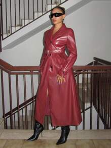 SHEIN ICON Women's Long Sleeve Turn-Down Collar Double-Breasted Long Jacket, Stylish Street Fashion, Autumn - Burgundy - View 6