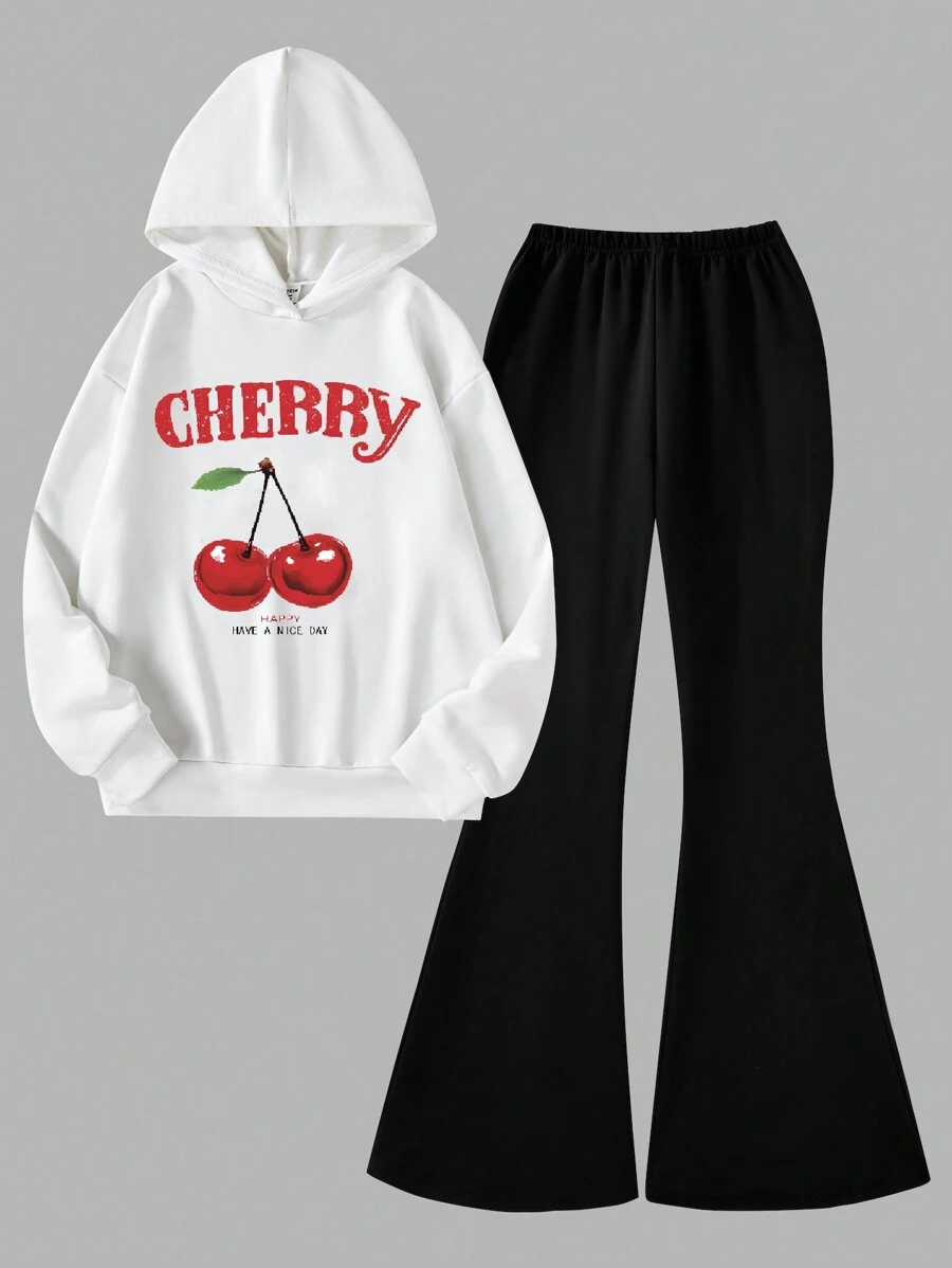 SHEIN Set de 2 piezas Sudadera holgada con estampado de cerezas y pantalones acampanados para adolescente, conjunto casual de otoño - Blanco y Negro - Ver 1