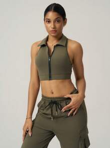 SHEIN Sport Studio Women's Casual Solid Color Zip-Up Cropped Sports Jacket
