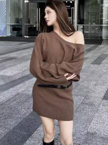 SHEIN ICON 1pc Women Solid Round Neck Batwing Long Sleeve Slim Knitted Sweater Dress, Autumn/Winter Fall Cloth For Women