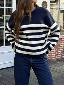 INAWLY Women's Casual Dropped Shoulder Striped Sweater, Autumn/Winter
