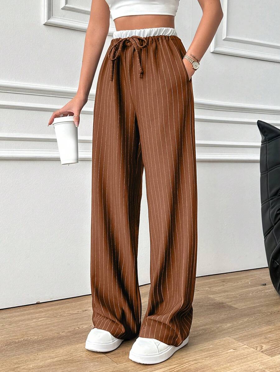 EURMUSE Women's Solid Color Patchwork Front Tie Pocket Simple Casual Pants - Brown - View 1