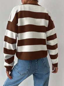 EURMUSE Damen lässiger Alltags Farbblock Streifen Knopfverschluss Pullover Strickjacke - Braun - Übersicht 2