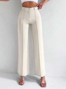 SHEIN Women's Solid Color Button Toothpick Stripe Casual Versatile Commuting Wide Leg Pants - Apricot - View 1