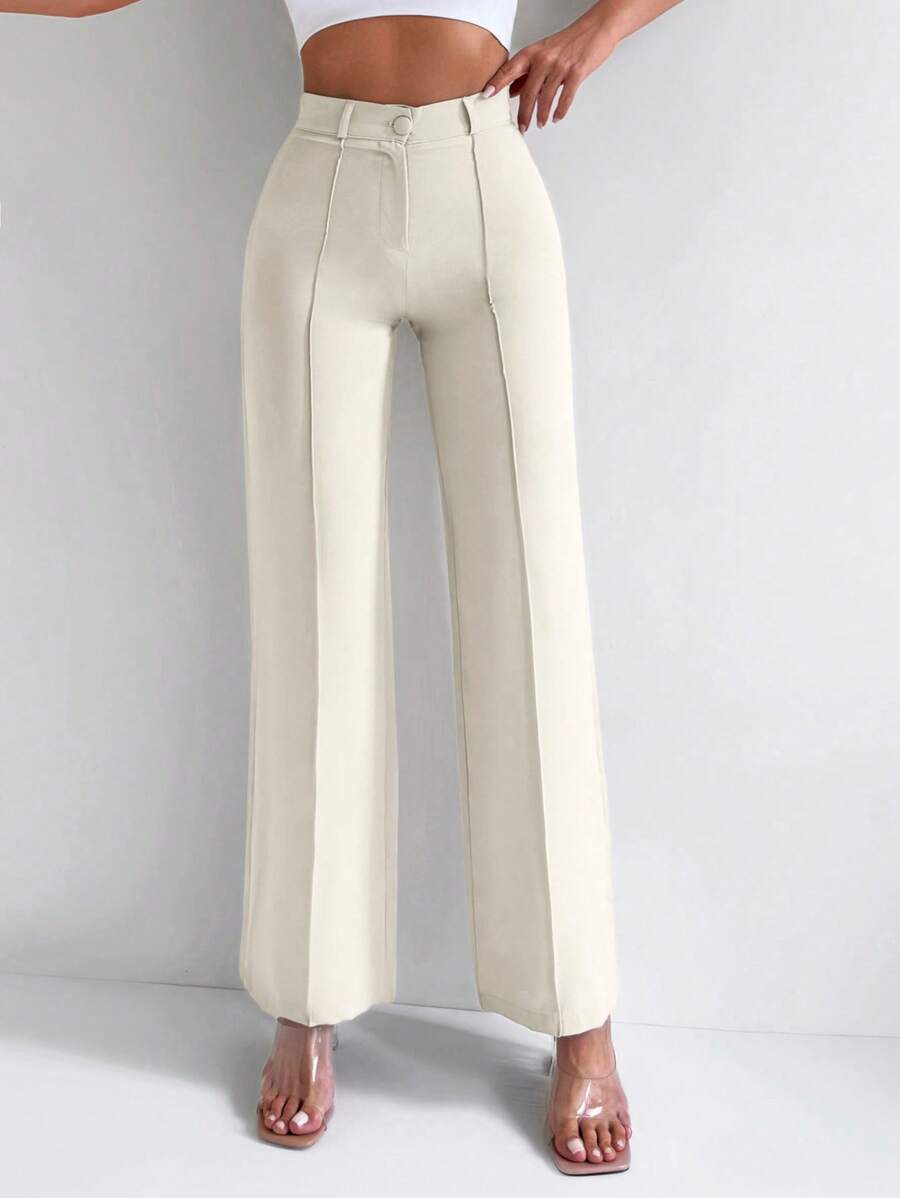 SHEIN Women's Solid Color Button Toothpick Stripe Casual Versatile Commuting Wide Leg Pants - Apricot - View 1