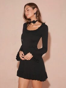 Enchnt Women's Elegant Black Ruffle Hem Slim Fit Sweater Dress Scarf Sweater Bottoming Dress Christmas Sweater Christmas Dress,