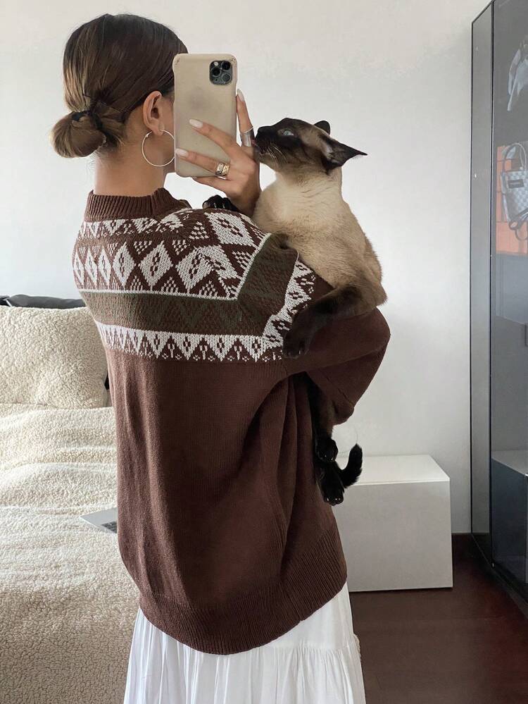 Women Retro Jacquard Loose Fit Crew Neck Long Sleeve Sweater,Fall Women Clothes