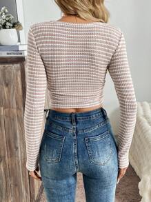 SHEIN LUNE Crew Neck Two-Tone Plaid Fitted Base Layer Top, Spring/Autumn Ruffle Long Sleeve Slim T-Shirt - Apricot - View 2
