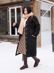 SHEIN EZwear Plus Size Washed Thermal Denim Long Jacket With Thermal Lined , Button Front, Autumn/Winter - Black - View 3