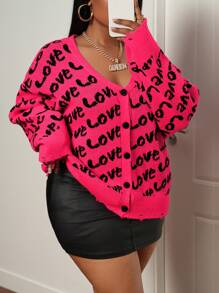 Slaydiva Casual Basic Daily V-Neck Long Sleeve LOVE Print Colorblock Knit Cardigan Sweater, Autumn/Winter - Multicolor - View 10