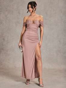 SHEIN BAE Autumn/Winter Solid Color Purple, Purplish Gray, Lotus Root Pink Fitted Ruched Long Sleeve Dress, Suitable For Graduation Party, Formal Occasions, Cocktail Party, Romantic Date, Autumn/Winter Underdress, Gathering Party, Nightclub Party, Formal Gathering, Bridesmaid Mini Dress, Evening Dress, Halloween Dress, Christmas Dress
