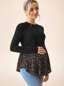 SHEIN Camiseta de manga larga de maternidad casual de bloque de color para lactancia para uso en otoño