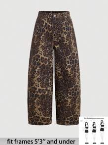 SHEIN PETITE 女士宽松豹纹牛仔裤，女裤，保暖裤，感恩节复古宽松牛仔裤，卡其色裤子，豹纹女式牛仔裤，妈妈牛仔裤，复古牛仔裤，秋季女装 - 咖啡棕 - 查看 1