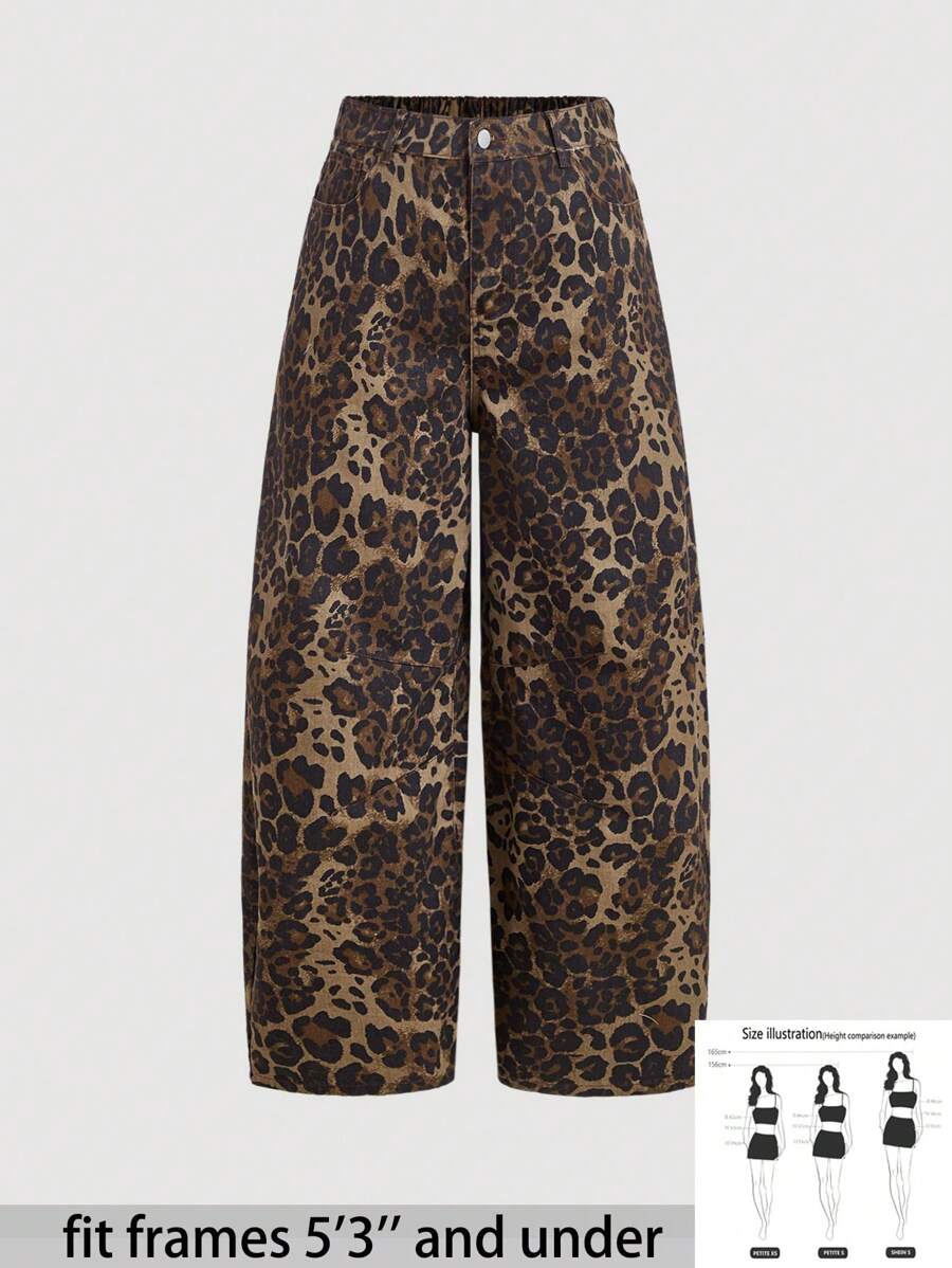 SHEIN PETITE 女士宽松豹纹牛仔裤，女裤，保暖裤，感恩节复古宽松牛仔裤，卡其色裤子，豹纹女式牛仔裤，妈妈牛仔裤，复古牛仔裤，秋季女装 - 咖啡棕 - 查看 1