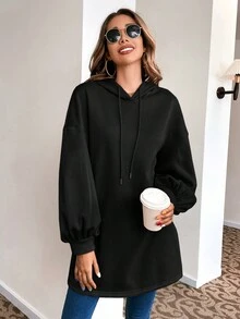 SHEIN Frenchy 1 Áo nỉ trùm đầu tay dài trơn tối giản cho nữ, mặc thường ngày - màu đen - Xem 6