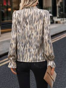TrendSteals Women's Autumn Season V-Neck Ruffle Long Sleeve Allover Print Shirt Fall Cloth For Women - Apricot - View 2