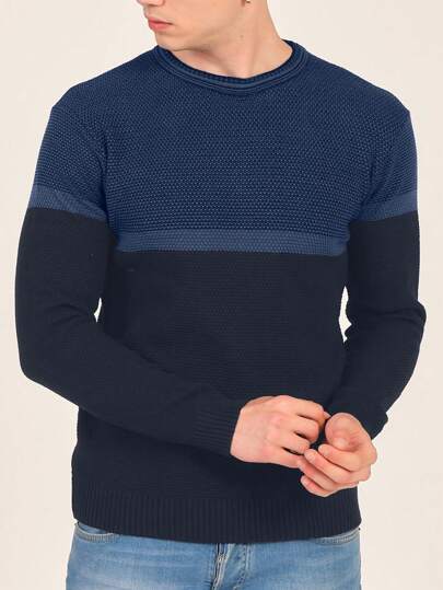EURMUSE Men's Contrast Color Crew Neck Long Sleeve Casual Sweater, Fall/Winter